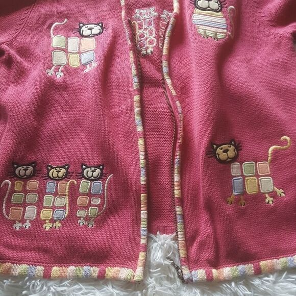 Christopher & Banks embroidered pink Cat Sweater Jacket Shacket Size Medium - Picture 2 of 9
